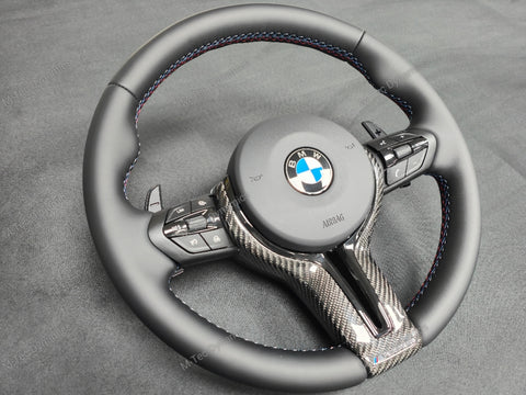BMW F-SERIES NAPPA LEATHER TRI-STITCH / CUSTOM BLACK OUT / CARBON FIBRE M4 FASCIA STEERING WHEEL - BMW 1 2 3 4 5 X SERIES