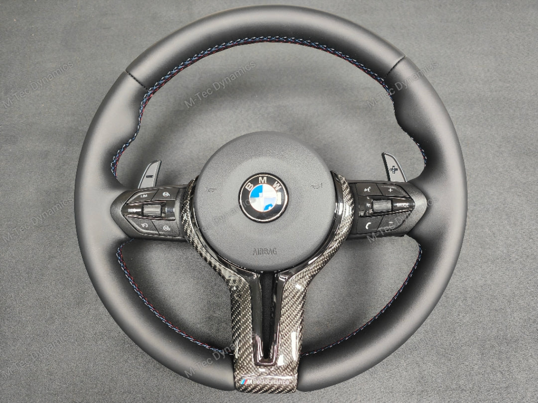 BMW F-SERIES NAPPA LEATHER TRI-STITCH / CUSTOM BLACK OUT / CARBON FIBRE M4 FASCIA STEERING WHEEL - BMW 1 2 3 4 5 X SERIES