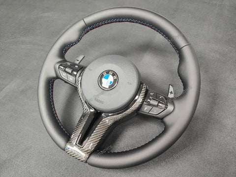 BMW F-SERIES NAPPA LEATHER TRI-STITCH / CUSTOM BLACK OUT / CARBON FIBRE M4 FASCIA STEERING WHEEL - BMW 1 2 3 4 5 X SERIES