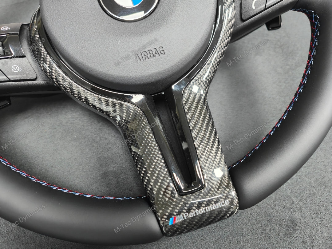 BMW F-SERIES NAPPA LEATHER TRI-STITCH / CUSTOM BLACK OUT / CARBON FIBRE M4 FASCIA STEERING WHEEL - BMW 1 2 3 4 5 X SERIES