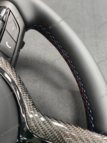 BMW F-SERIES NAPPA LEATHER TRI-STITCH / CUSTOM BLACK OUT / CARBON FIBRE M4 FASCIA STEERING WHEEL - BMW 1 2 3 4 5 X SERIES