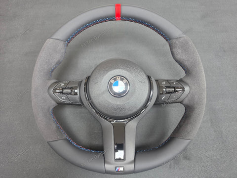 BMW F-SERIES (MANUAL) NAPPA LEATHER TRI-STITCH / ALCANTARA / RED RING STEERING WHEEL - BMW 1 2 3 4 5 X SERIES