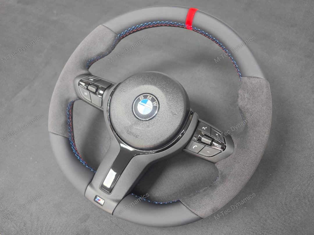 BMW F-SERIES (MANUAL) NAPPA LEATHER TRI-STITCH / ALCANTARA / RED RING STEERING WHEEL - BMW 1 2 3 4 5 X SERIES