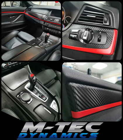 WRAPPING SERVICE - BMW F10 F11 INTERIOR TRIM SET - DEEP TEXTURED GLOSSY BLACK CARBON / CUSTOM COLOUR ACCENT TRIM