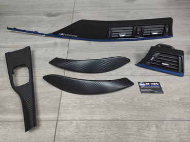 BMW F32 / F82 M4 CUSTOM INTERIOR TRIM SET - 3D CARBON / ALCANTARA STYLE  / BLUE ACCENT