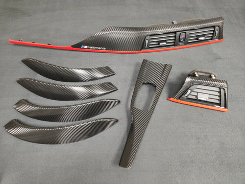 BMW F30 F31 F36 INTERIOR TRIM SET - TEXTURED GLOSSY CARBON / RED ACCENT (CUSTOM)