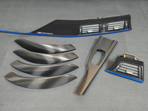 BMW F30 F31 F36 F80 M3 CUSTOM INTERIOR TRIM SET - TEXTURED CARBON / ALCANTARA STYLE  / BLUE ACCENT