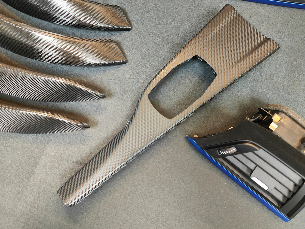 BMW F30 F31 F36 INTERIOR TRIM SET - TEXTURED CARBON / ALCANTARA STYLE  / BLUE ACCENT