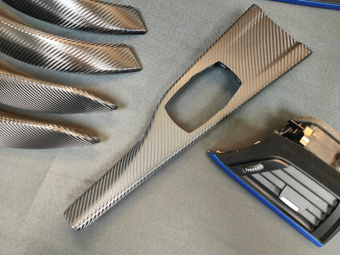BMW F30 F31 F36 F80 M3 CUSTOM INTERIOR TRIM SET - TEXTURED CARBON / ALCANTARA STYLE  / BLUE ACCENT