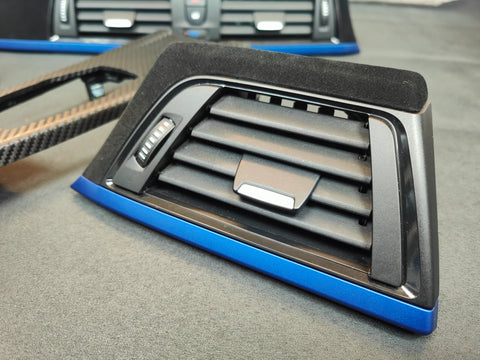 BMW F30 F31 F36 F80 M3 CUSTOM INTERIOR TRIM SET - TEXTURED CARBON / ALCANTARA STYLE  / BLUE ACCENT