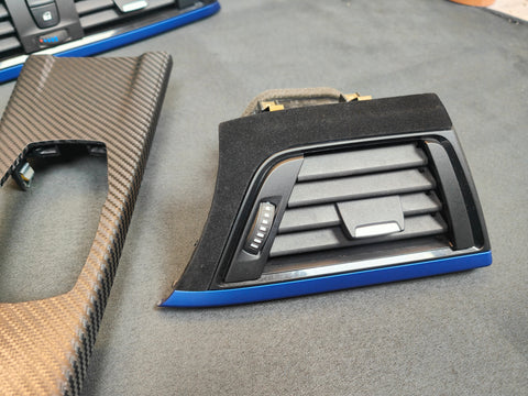 BMW F30 F31 F36 F80 M3 CUSTOM INTERIOR TRIM SET - TEXTURED CARBON / ALCANTARA STYLE  / BLUE ACCENT