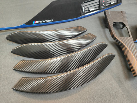 BMW F30 F31 F36 F80 M3 CUSTOM INTERIOR TRIM SET - TEXTURED CARBON / ALCANTARA STYLE  / BLUE ACCENT