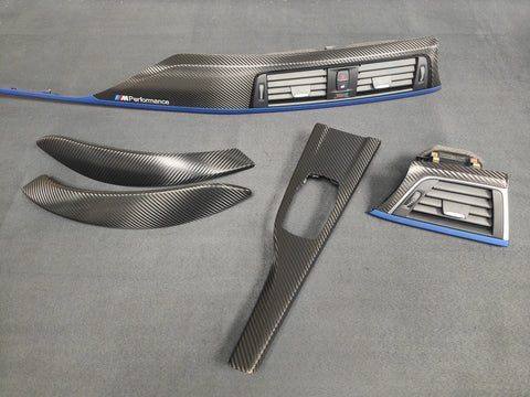 BMW F32 F82 4-SERIES COUPE LCI INTERIOR TRIM SET - DEEP TEXTURED GLOSSY CARBON / BLUE ACCENT (MTD-TEX)
