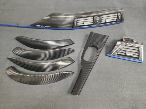BMW F30 F80 M3 3-SERIES LCI INTERIOR TRIM SET - DEEP TEXTURED GLOSSY CARBON / BLUE ACCENT (MTD-TEX)
