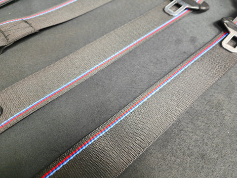 BMW E46 COUPE CUSTOM COMPETITION STYLE TRI-COLOUR COMPLETE FRONT & REAR FULL SEAT BELT SET