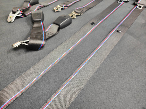 BMW E46 COUPE CUSTOM COMPETITION STYLE TRI-COLOUR COMPLETE FRONT & REAR FULL SEAT BELT SET
