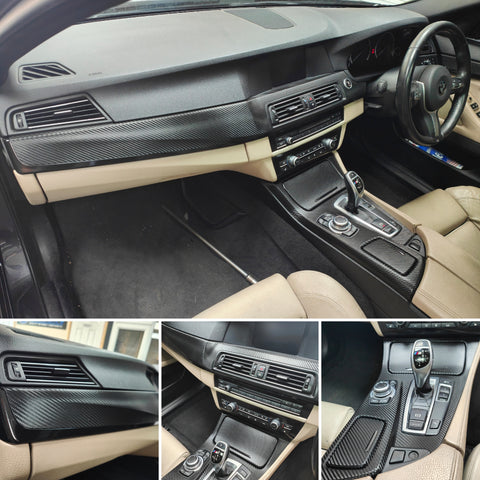 WRAPPING SERVICE - BMW F10 F11 INTERIOR TRIM SET - DEEP TEXTURED GLOSSY BLACK CARBON / GLOSS BLACK ACCENT TRIM