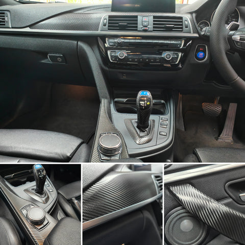 WRAPPING SERVICE - BMW F3X INTERIOR TRIM SET - DEEP TEXTURED GLOSSY CARBON / SILVER ACCENT (MTD-TEX) - F30 F31 F32 F33 F36