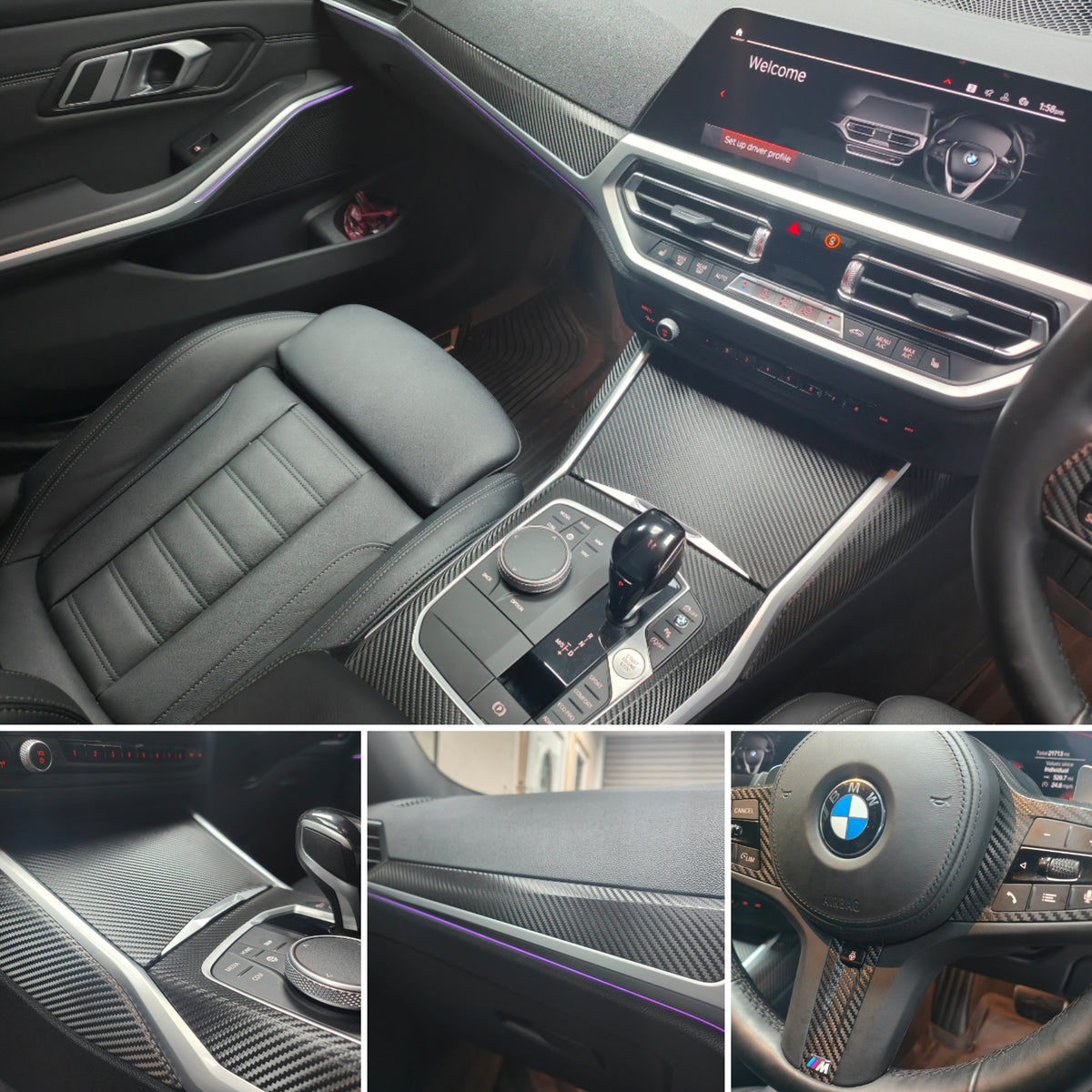 WRAPPING SERVICE - BMW G20 G21 G22 / G26 GC INTERIOR TRIM SET INC. STEERING WHEEL TRIM - DEEP TEXTURED GLOSSY BLACK CARBON (MTD-TEX)