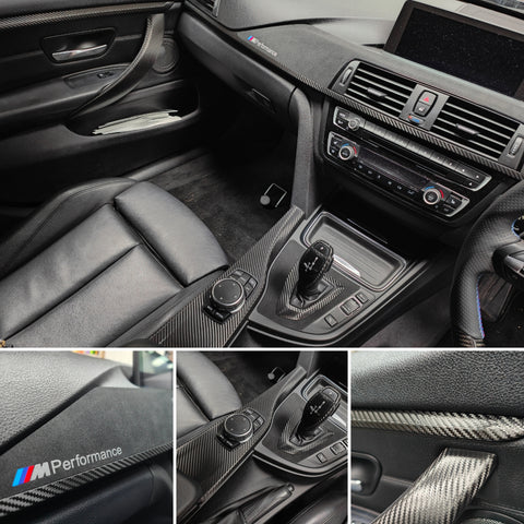 WRAPPING SERVICE - BMW F36 GRAN COUPE INTERIOR TRIM SET & DOOR ACCENTS - PERFORMANCE STYLE / DEEP TEXTURED GLOSSY CARBON (MTD-TEX)