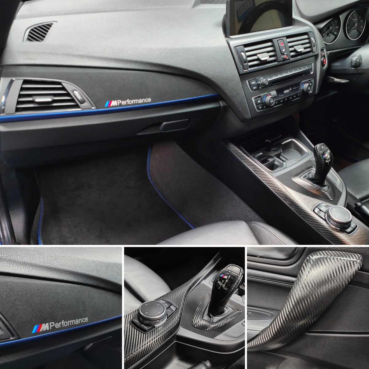 WRAPPING SERVICE - BMW F20 F21 F22 F23 CUSTOM INTERIOR TRIM SET - TEXTURED CARBON / ALCANTARA / BLUE ACCENT