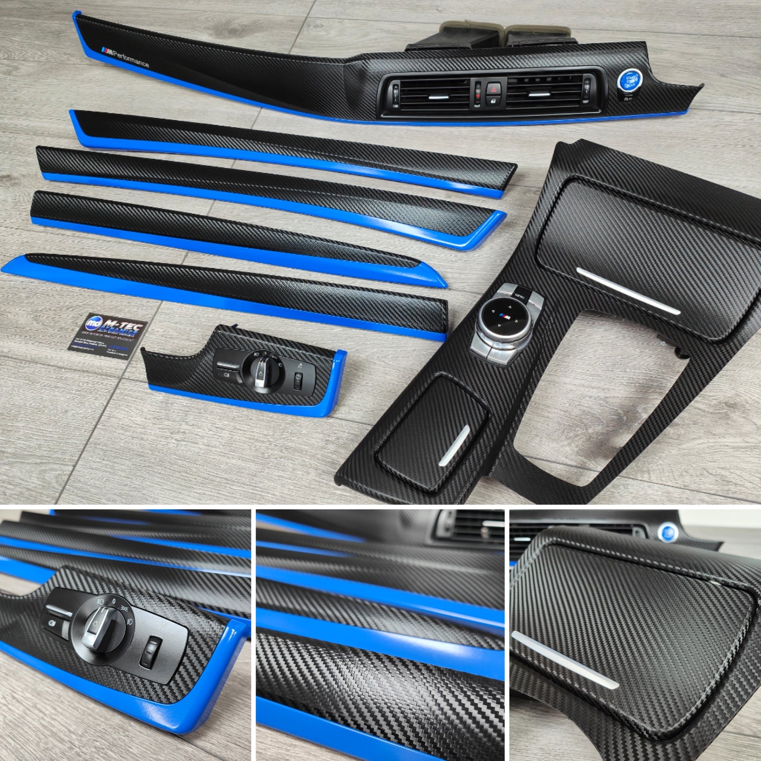 BMW F10 F11 AUTO INTERIOR TRIM SET - DEEP TEXTURED GLOSSY BLACK CARBON / BLUE ACCENT (MTD-TEX)