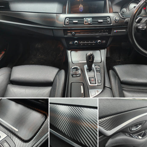 WRAPPING SERVICE - BMW F10 F11 INTERIOR TRIM SET INC GEAR SHIFTER & STEERING TRIM - DEEP TEXTURED GLOSSY BLACK CARBON (MTD-TEX)