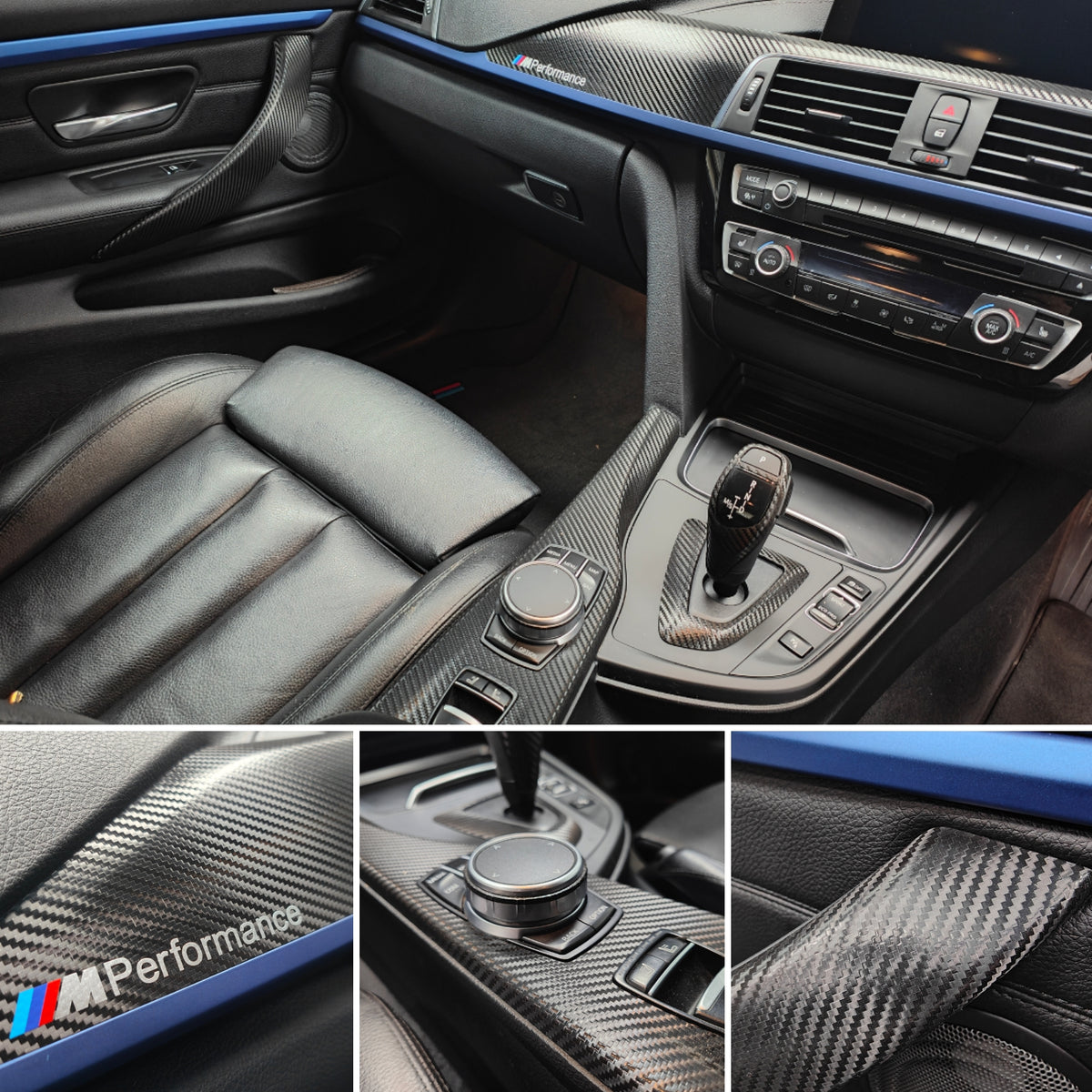 WRAPPING SERVICE - BMW F3X INTERIOR TRIM SET - TEXTURED CARBON / BLUE ACCENT - (F30 F31 F32 F33 F36)