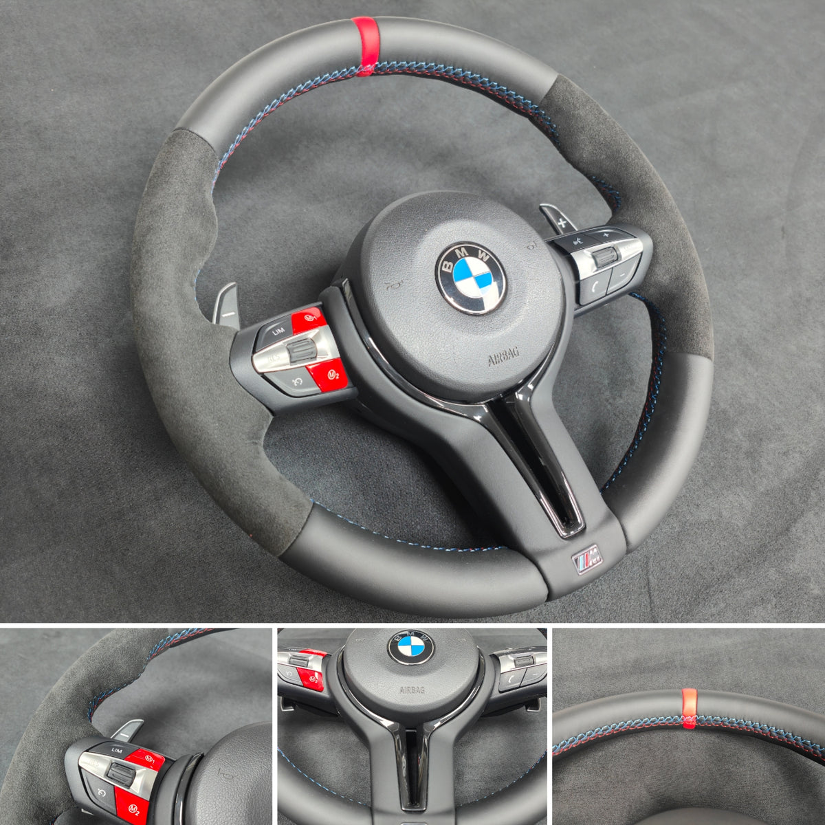 BMW F-SERIES NAPPA LEATHER TRI-STITCH / ALCANTARA / RED RING STEERING WHEEL (COMPLETE) - BMW 5 6 SERIES F10 F11 M5 F06 F12 F13 M6