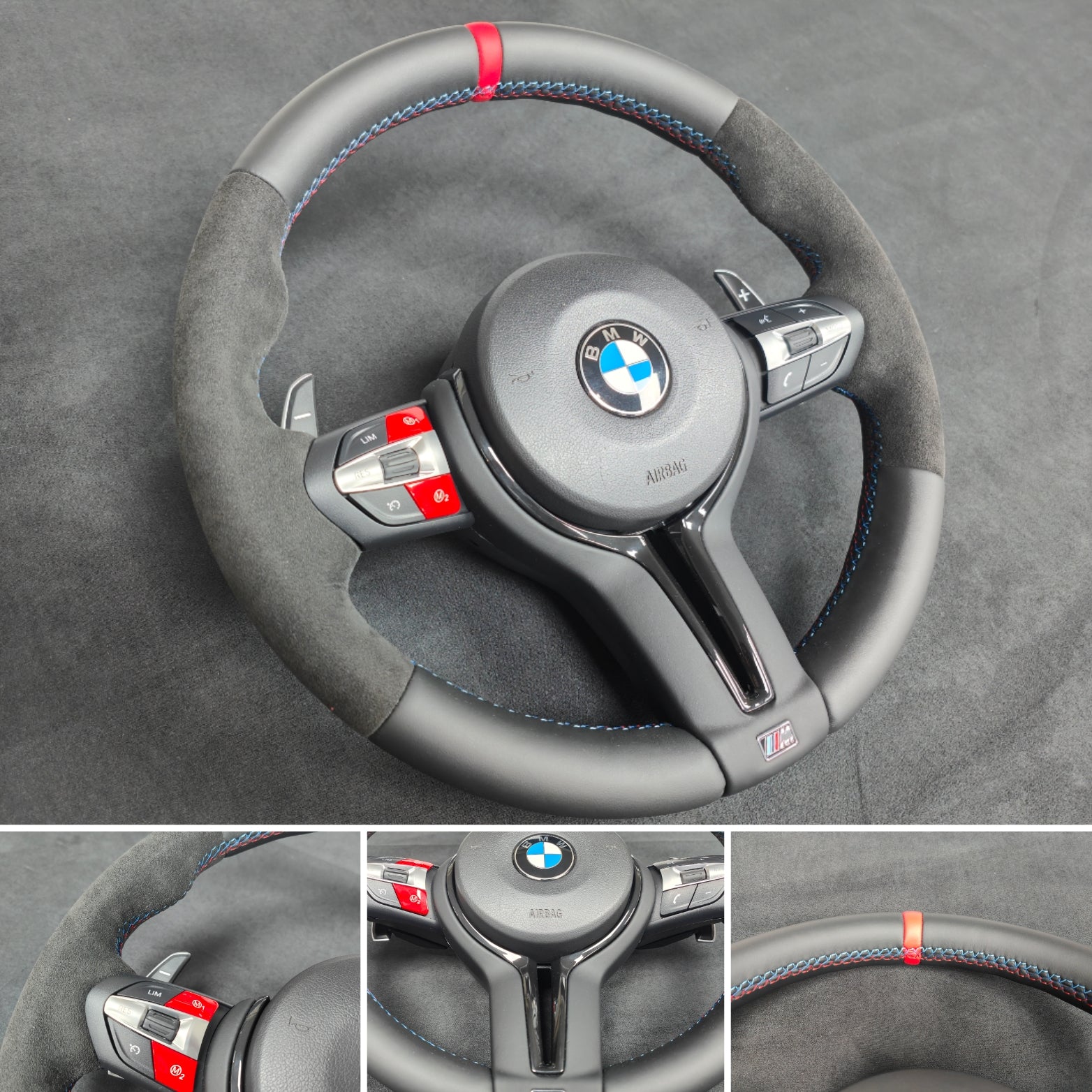 BMW F-SERIES NAPPA LEATHER TRI-STITCH / ALCANTARA / RED RING STEERING WHEEL - BMW 1 2 3 4 5 X SERIES