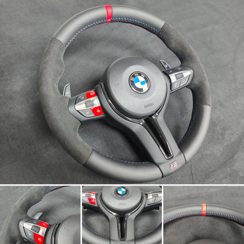 BMW F-SERIES NAPPA LEATHER TRI-STITCH / ALCANTARA / RED RING STEERING WHEEL (COMPLETE) - BMW 5 6 SERIES F10 F11 M5 F06 F12 F13 M6