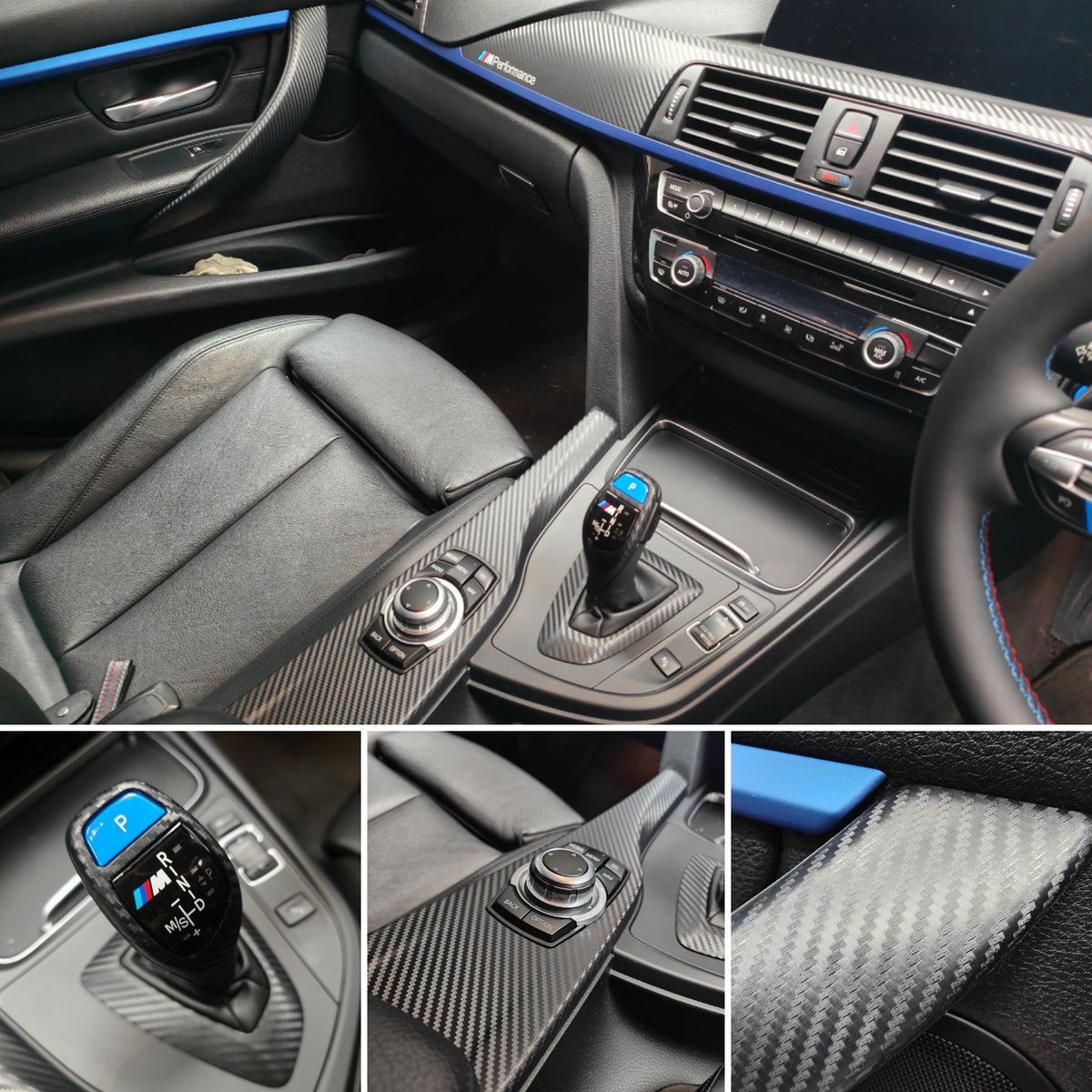WRAPPING SERVICE - BMW F3X INTERIOR TRIM SET - 3D CARBON / BLUE ACCENT (F30 F31 F32 F33 F36)