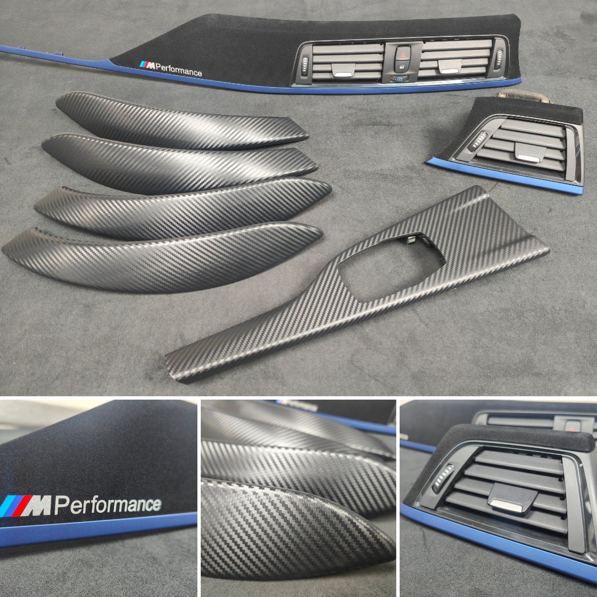 BMW F30 F31 F36 INTERIOR TRIM SET - 3D CARBON / ALCANTARA STYLE  / BLUE ACCENT