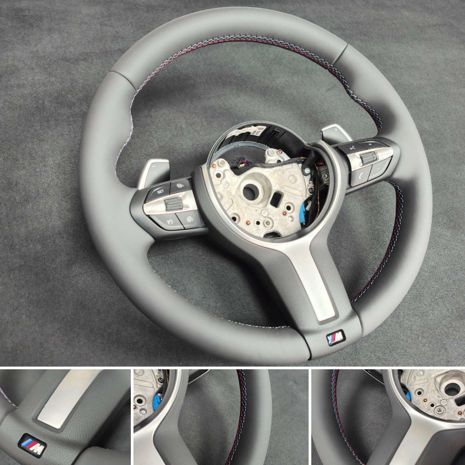 BMW F-SERIES ANTHRACITE NAPPA LEATHER TRI-STITCH STEERING WHEEL (COMPLETE) - BMW 5 6 SERIES M-SPORT AUTO F10 F11 F06 F12 F13
