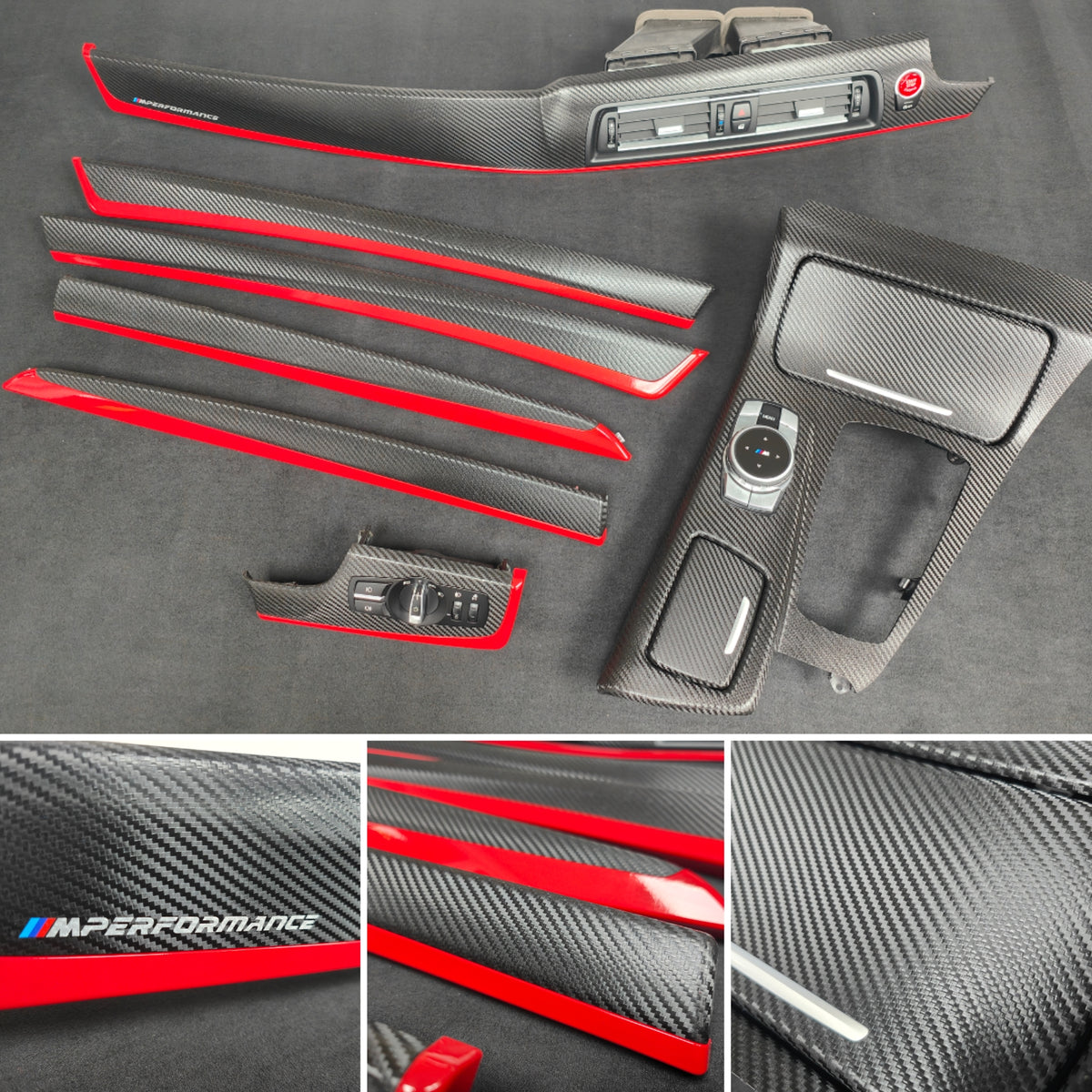 BMW F10 F11 AUTO INTERIOR TRIM SET - TEXTURED GLOSSY BLACK CARBON / RED ACCENT (MTD-TEX)