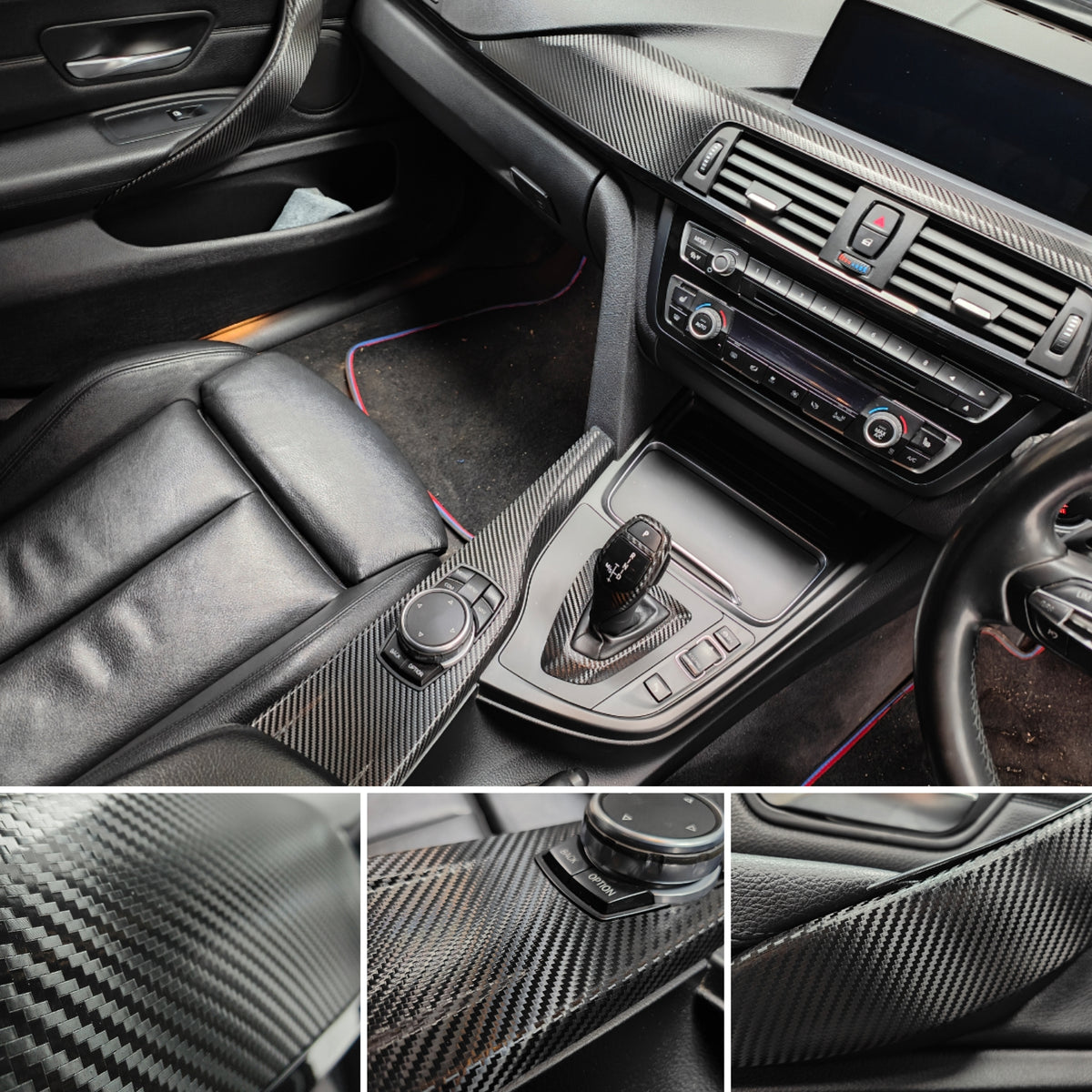 WRAPPING SERVICE - BMW F3X INTERIOR TRIM SET - TEXTURED CARBON / GLOSS BLACK ACCENT - (F30 F31 F32 F33 F36)