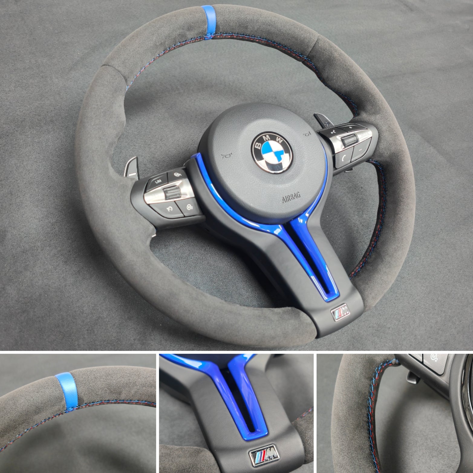 BMW F-SERIES FULL ALCANTARA / BLUE RING / TRI-STITCH STEERING WHEEL - BMW 1 2 3 4 SERIES F20 F22 F30 F32 M2 M3 M4