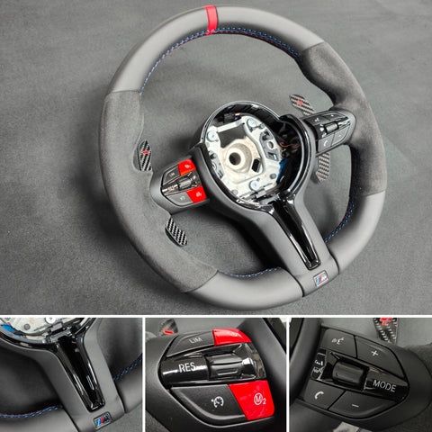 BMW F-SERIES NAPPA LEATHER TRI-STITCH / ALCANTARA / RED RING STEERING WHEEL - BMW 1 2 3 4 5 X SERIES (CUSTOM)