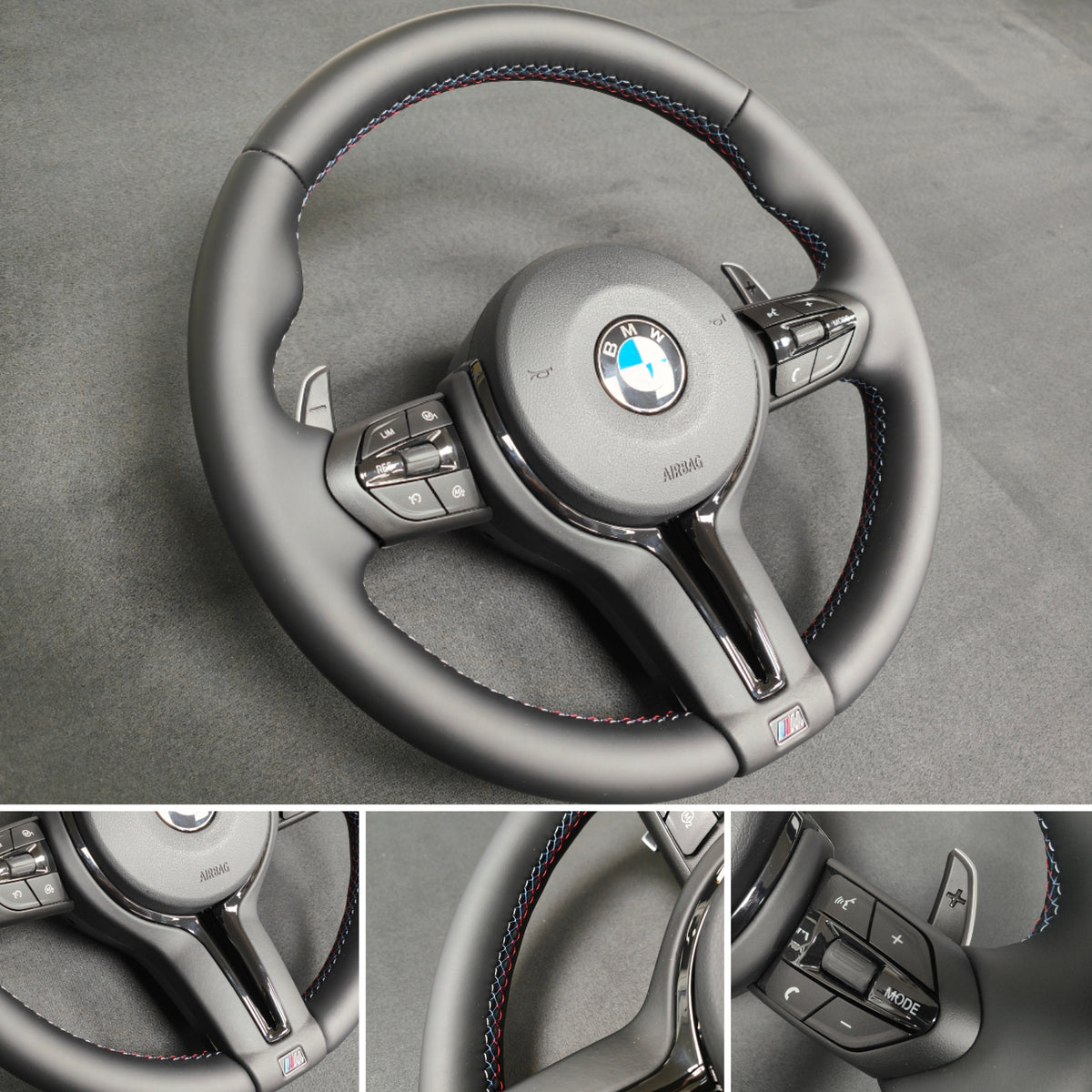BMW F-SERIES NAPPA LEATHER TRI-STITCH / GLOSS BLACK / M4 FASCIA STEERING WHEEL - BMW 1 2 3 4 5 X SERIES