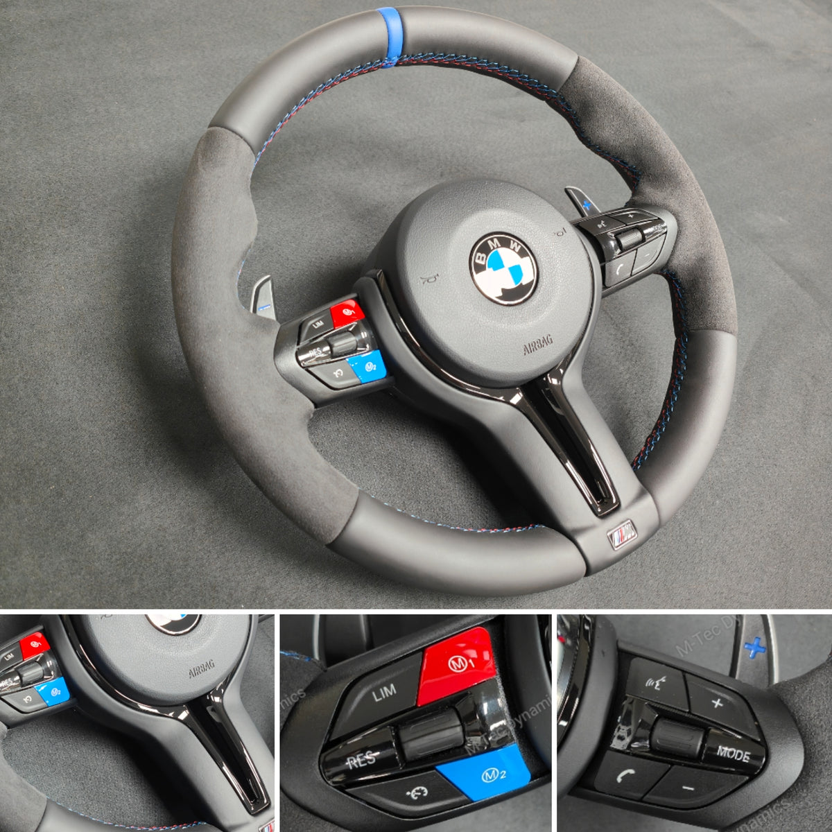 BMW F-SERIES NAPPA LEATHER TRI-STITCH / ALCANTARA / BLUE RING STEERING WHEEL - BMW 1 2 3 4 5 X SERIES (CUSTOM)