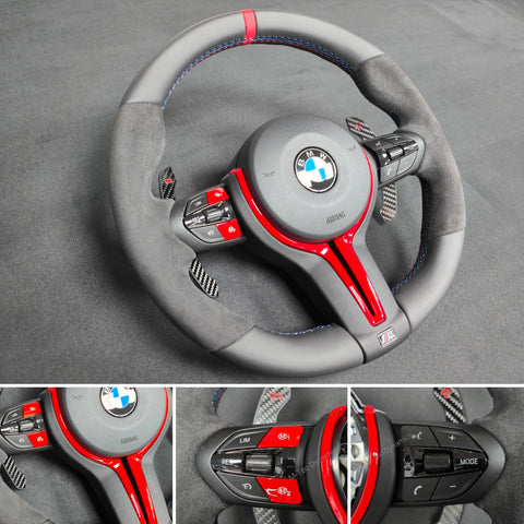 BMW F-SERIES NAPPA LEATHER TRI-STITCH / ALCANTARA / RED RING STEERING WHEEL - BMW 1 2 3 4 5 X SERIES (CUSTOM)