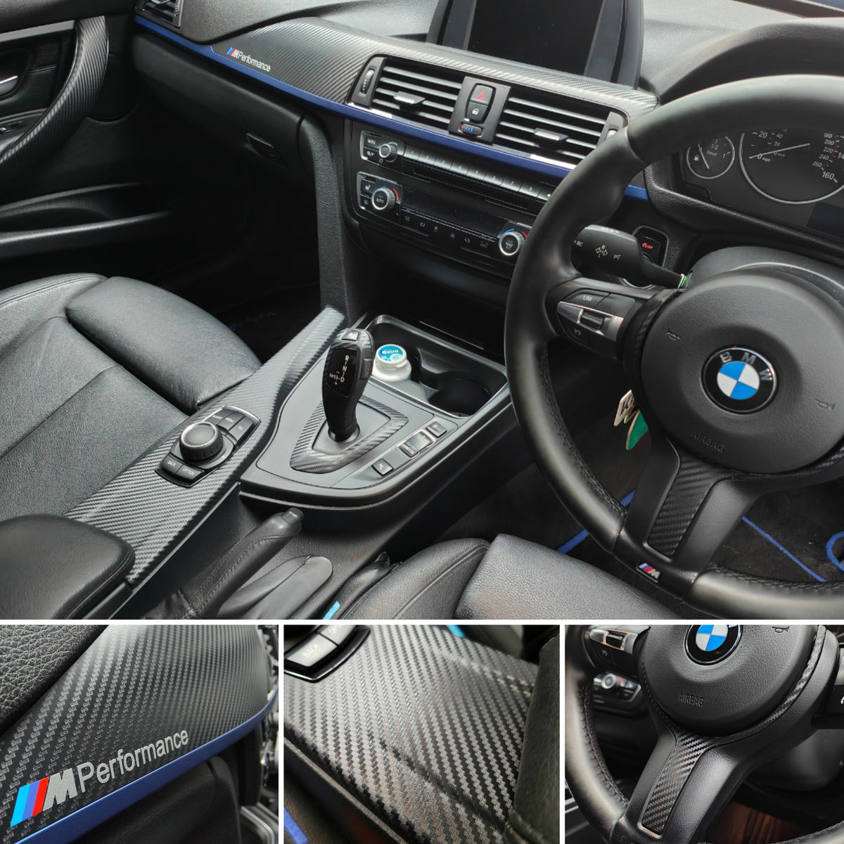 WRAPPING SERVICE - BMW F3X INTERIOR TRIM SET - 3D CARBON / BLUE ACCENT (F30 F31 F32 F33 F36)