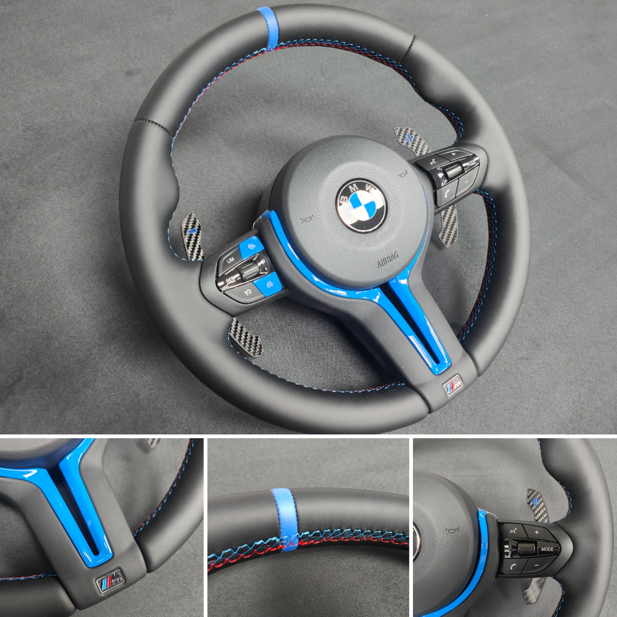 BMW F-SERIES NAPPA LEATHER TRI-STITCH / CUSTOM BLUE DETAIL / BLUE RING STEERING WHEEL - BMW 1 2 3 4 5 X SERIES