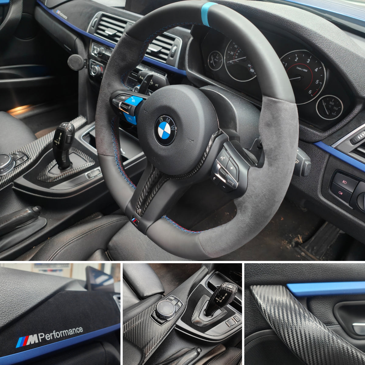 WRAPPING SERVICE - BMW F3X INTERIOR TRIM SET - TEXTURED CARBON / ALCANTARA / BLUE ACCENT - (F30 F31 F32 F33 F36)