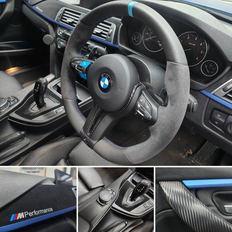 WRAPPING SERVICE - BMW F3X F8X CUSTOM INTERIOR TRIM SET - ALCANTARA / BLUE / TEXTURED CARBON
