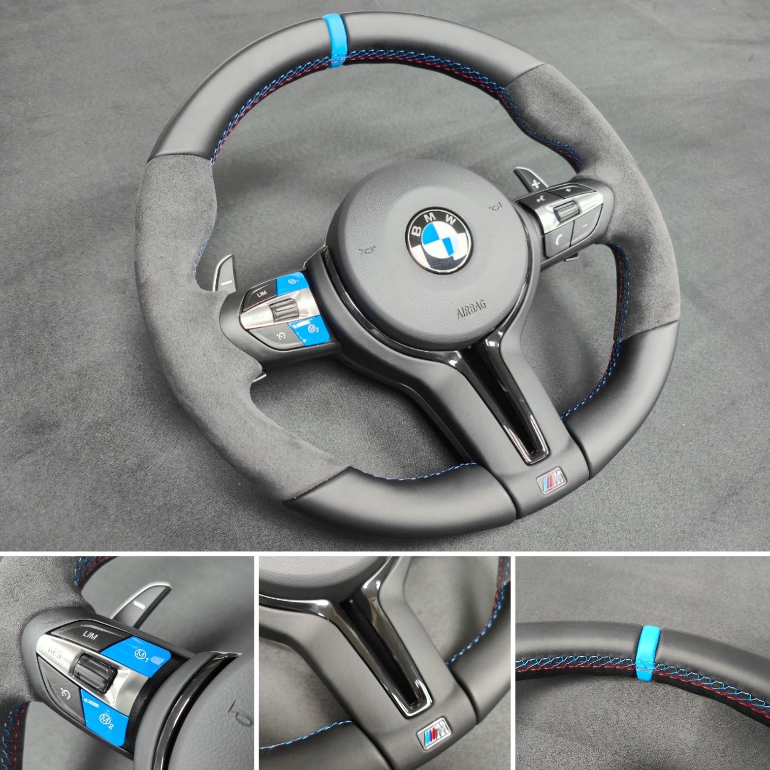 BMW F-SERIES NAPPA LEATHER TRI-STITCH / ALCANTARA / BLUE RING STEERING WHEEL - BMW 1 2 3 4 5 X SERIES