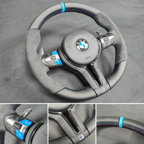 BMW F-SERIES NAPPA LEATHER TRI-STITCH / ALCANTARA / BLUE RING STEERING WHEEL - BMW 1 2 3 4 5 X SERIES
