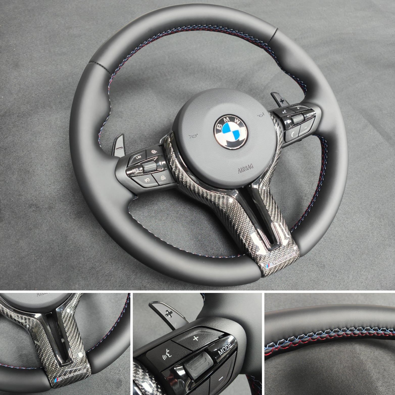 BMW F-SERIES NAPPA LEATHER TRI-STITCH / CUSTOM BLACK OUT / CARBON FIBRE M4 FASCIA STEERING WHEEL - BMW 1 2 3 4 5 X SERIES