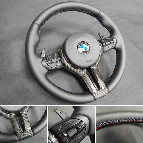 BMW F-SERIES NAPPA LEATHER TRI-STITCH / CUSTOM BLACK OUT / CARBON FIBRE M4 FASCIA STEERING WHEEL - BMW 1 2 3 4 5 X SERIES