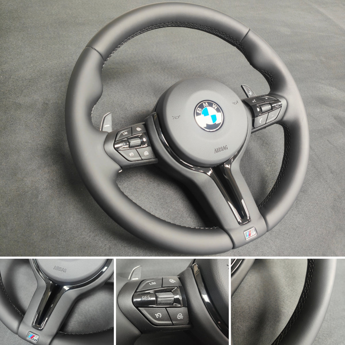BMW F-SERIES NAPPA LEATHER BLACK STITCH / BLACK OUT / M4 FASCIA STEERING WHEEL - BMW 1 2 3 4 5 X SERIES